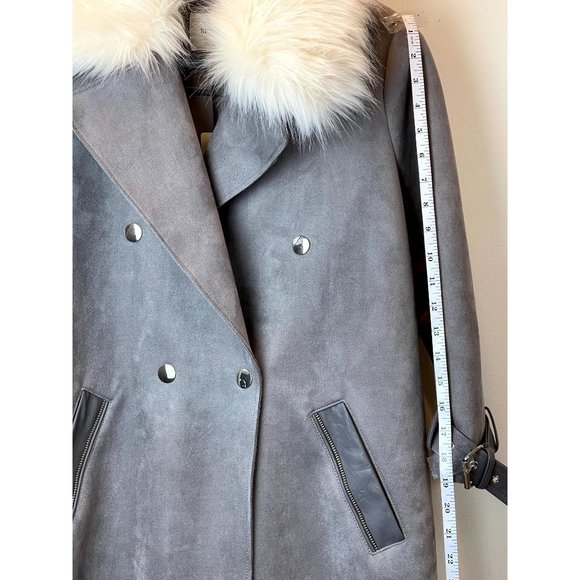 River Island Womens Suedette Coat Faux Fur Collar Double Breasted Gray Size 10 - Picture 8 of 11